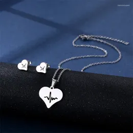 Ожерелье и серьги, комплект из нержавеющей стали, сердце любви, женская Южная Америка, подвеска в форме ЭКГ, цепочка на ключицу