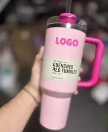 US-LAGER Pink Flamingo H2.0 Logo Pink Tie Dye 40-Unzen-Tasse mit Henkel, isolierter Becherdeckel, Strohhalm, Edelstahl-Kaffeetasse mit Logo, Watermelon Moonshine 1:1-Kopie