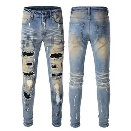 Мужские джинсы Европейские и американские модные винтажные эластичные джинсы узкого кроя с горячими ромбовидными нашивками