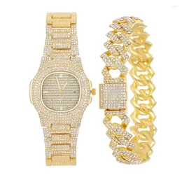 Wristwatches Iced Out Bling Women Men Watches With Bracelet Ladies Luxury Rhinestone Quartz Watch Men's Relogio Feminino