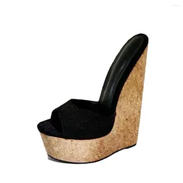 Slippers SHOFOO Shoes Fashion Women's High Heeled Slippers. Bright Silk Horse Hair. About 20 Cm Heel Height. Wedges Slipper.34-46