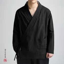 Ethnic Clothing Chinese Style Loosekimono Cardigan Hanfu Retro Linen Male Yukata Kimono Japanese Samurai Solid Haori Robe 4XL