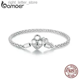 Chain Bamoer 925 Sterling Silver Heart Lock and Key Buckles Basic Chain Bracelet Platinum Plated for Women Valentine's Day Gift SCB259 YQ231208