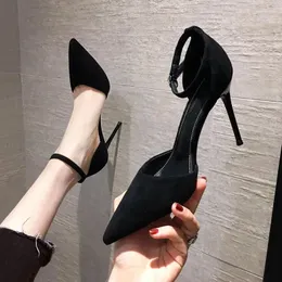 Dress Shoes Spring Autumn Saltos Alto Femininos 2023 Versatile Thin Heel Professional L Pointed Black Buckle Strap Zapatos Para Mujeres