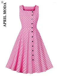 Vestidos casuais polka dot print verão balanço vestido vintage rosa uma linha flare pinup runway sundress 50s 60s feminino curto cocktail