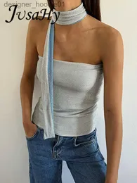 دبابات المرأة Camis Jusahy Vintage Sexy Off-Off-Coulder Tubs 2023 New Sweet Brandless Lace-Up Halter Blue Tank Tops Tops Women Party Club Wear L231208