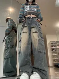 Calças femininas Youyide multi-bolso design high street macacão para mulheres 2023 verão perna larga tendência nicho lavável jeans de cintura alta