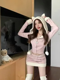 2 피스 드레스 가디건 코트 A Capuche Pour Femmes Manches Longues Rose Enveloppe Hanche Mini Jupe Ensemble 2 조각 231206