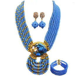 Halsband örhängen set ogenomskinlig blå fashon smycken kvinnor nigerianska traditionella bröllop afrikanska pärlor