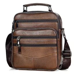 Bortkyror Brown Fashion Men Messenger Påsar äkta läderhandväskor för man lyx varumärke manlig crossbody väska för mini pad boy axelväska 231207