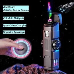 Novo metal à prova de vento cruz arco pulso flameless plasma usb isqueiro elétrico led colorido luz rotativa ponta do dedo giroscópio presente masculino