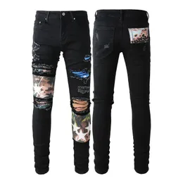 Men'sjeans High Street Perforated Jeans Jeans Men's Patch Patch Patch Starry Elastic Slim Fit Leggings Black