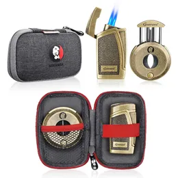 GUEVARA Stainless Steel Cigar Cutter Lighter Windproof 2 Jet Flame Butane Cigarette Case Accessories for Gift Box