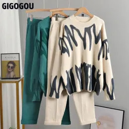 Women's Two Piece Pants GIGOGOU OverSized Tie Dye Winter Knit Two Piece Set Women Harem Pant Suits Loose Sweaters Jogging Knitted Tracksuit Outfits 231207