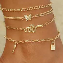 Anklets Bohemian Golden Snake Ankle Bracelet Set Womens Butterfly Key Lock Charming Chain Legs Jewelry Gifts 231208