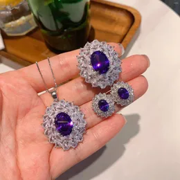 Brincos de colar Conjunto 2023 Macrame de flor de tendência Amethyst Gemstone Purple Cristal Pinging Anel Charms Wedding Fine Jewelry Gift