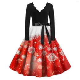 Vestidos casuais 2023 robe mulheres vestido de festa de natal manga longa v pescoço papai noel impresso preto retalhos pinup vintage