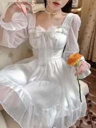 Urban Sexy Dresses Deeptown Koreanischer Stil Weißes Lolita-Kleid Damen Y2k Fairycore Rüschen Schleife Lang Flare Sle Tunika Midi SS Kleider Abendkleid L231208