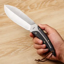 Högkvalitativ R8341 utomhusöverlevnad Rak kniv 5Cr15Mov Satin Blade Full Tang Wood Handtag Fast Blad Knives Leather Sheath