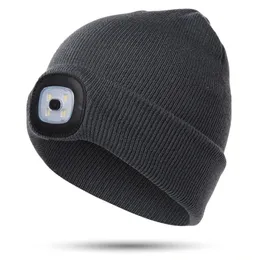 Stingy Brim Hats 4 LED Light Beanie Hat USB Laddningsbara händer Vinter med Night ficklampa för pojkar flickor 231208