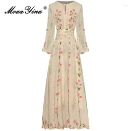 Vestidos casuais moaayina primavera designer de moda vintage floral impressão vestido feminino lanterna manga frenulum cintura alta magro a-line longo