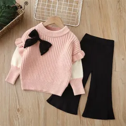 Clothing Sets Baby Girls Winter Clothes Set Warm Outfits Kids Girls Flower Knit Sweater and Pants Autumn Girl Clothing Set Children Costume 231207