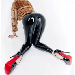 Kvinnors byxor sträcker smal hög midja faux latex byxor kvinnor sexig våtlåk patent läder sömlösa leggings zip öppen gren anpassning