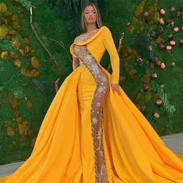 노란색 인어 이브닝 드레스 레이스 스팽글 투명한 긴 공식 댄스 파티 가운 오버 스커트 레드 카펫 드레스