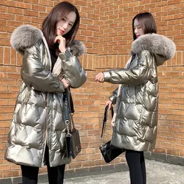 Women's Down 2023 Winter Glossy Jacket Windproof Rainproof White Duck Coat With Fur Collar Hooded Gold Black Thicken Parkas