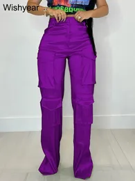 Jeans da donna Pantaloni casual a vita alta con bottoni Pantaloni dritti Abiti da night club per le donne Pantaloni cargo multi tasche in raso setoso 231207