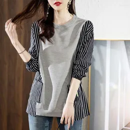 Mulheres camisetas Coreano Simples Mulheres Roupas Listradas T-shirt Primavera Outono Patchwork Versátil Moda Casual Manga Longa Top