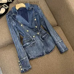 Kurtki damskie 2023 Spring Fashion luksusowa kurtka dżinsowa damskie guziki Slim Solid Blue Dżinsy Long Slee Pocket Blazers Płaszcz Jer L231208