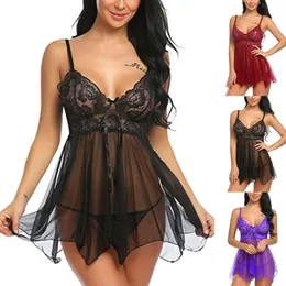 Babydoll sin mangas de encaje camisón con cuello en V Pamas lencería Sexy vestido de noche de seda para mujer ropa interior de talla grande conjunto de Tanga