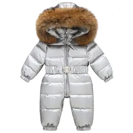 Rompers Russia Winter Kids Snowsuit Shiny Gold Silver Outdoor Duck Down Big Fur Collar Outerwear Toddler Baby Overall Jumpsuit 231218