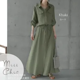 Basic Casual Dresses Chic Dark green Maxi Shirt Dress Turndown Neck Button Belt Slim Long Ladies Streetwear 2023 Women Autumn Clothes 231207