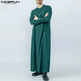 Abbigliamento etnico Uomo Musulmano Caftano Solido O-Collo Manica lunga Streetwear Islamico Arabo Jubba Thobe 2023 Allentato Vintage Maschio Caftano INCERUN