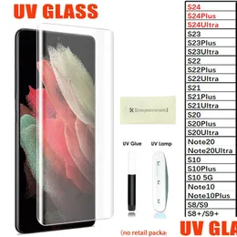 Handy-Displayschutzfolien UV-Glas Flüssigkleber 3D gebogener Fl Er gehärteter Schutz für Galaxy S23 S24 S22 S21 Note20 S20 Tra S10 S8 Dhbfg