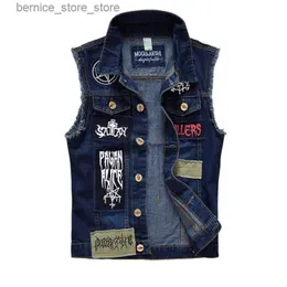 Mäns västar Yelek Erkek 2022 Men's Patches Design Jeans Vest Ripped Denim Waistcoat Men denim Vest Man ärmlösa jeans Väst Frayed Size 6XL Q231208