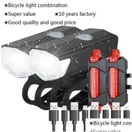 Luzes de bicicleta MTB Bicicleta Luz Frontal Traseira Conjunto Mountain Night Ciclismo Farol USB LED Segurança Acessórios Drop Delivery Sport Dh7HF