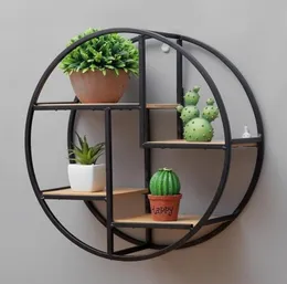 Retro Round Wooden Metal Wall Hanging Shelf Office Sundries Art Storage Rack Home Decorative Craft Holder Racks Y2004297090740