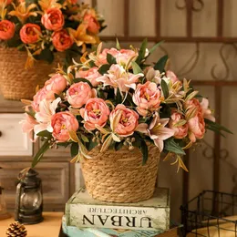 Decorative Flowers Wreaths Artificial Peony Lily Bouquet Silk Fake Flower Green Plant Wedding Floral Home Decoration Vintage Lilies Peonies Pink Flowers 231207