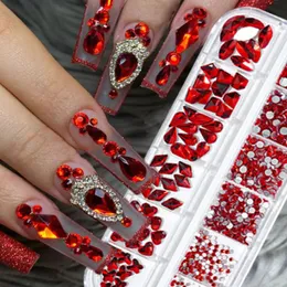 Decorazioni per nail art 1000 pezzi San Valentino ROSSO Strass 12 Grid FlatBack MixedSize Crystal DIY Nonfix 3D Red Manicure Diamond ZB 231207