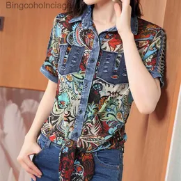 Women's T-Shirt Short Sle Women Blouse Summer Denim Chiffon Spliced Blouses Shirts Loose One Size Tops Print Shirt chalecos para jerL231208