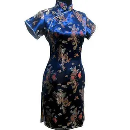 Abiti casual di base Blu navy Abito tradizionale cinese da donna Abito corto in raso Qipao Bottone vintage Drago Cheongsam Taglie forti 3XL 4XL 5XL 6XL 231207