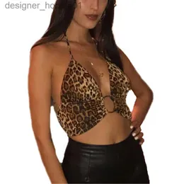 Women's Tanks Camis Fashion Women Hot Summer Leopard Print Bikinis Tops Padded Hollow Metal Ring Halter Neck Holiday Party Swimming Wear /2 L231208