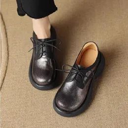 Dress Shoes Autumn Genuine Leather Thick Sole Lace up Gun Color Lefu Shoes for Women's Casual Slope Heel Matsuke Sole Round Toe Single S 231207