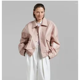 Women's Leather Double Pockets Jacket Pink Coat Loose Casual Monochromatic Street Autumn Winter