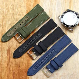 Uhrenarmbänder Echtes Leder Uhrenarmbänder Männer Frauen Grün Schwarz Hochwertiges Nylonband mit silberner Dornschließe 20 mm