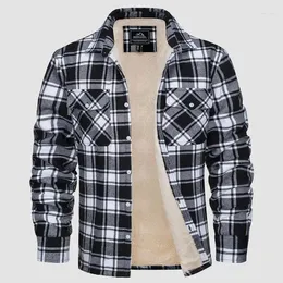 Koszulki męskie Hombres Sherpa Camisa Forro Polar Chaqueta de Franela Con 3 Bolsillos Plaid Button Down Abrigo Invierno