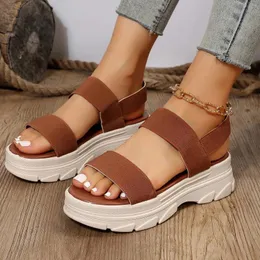 Band Summer Elastic Sandals Ladies Solid Casual Open Toe Platform Flat Comfortable Beach Shoes Fashion Slip on for Women 76470